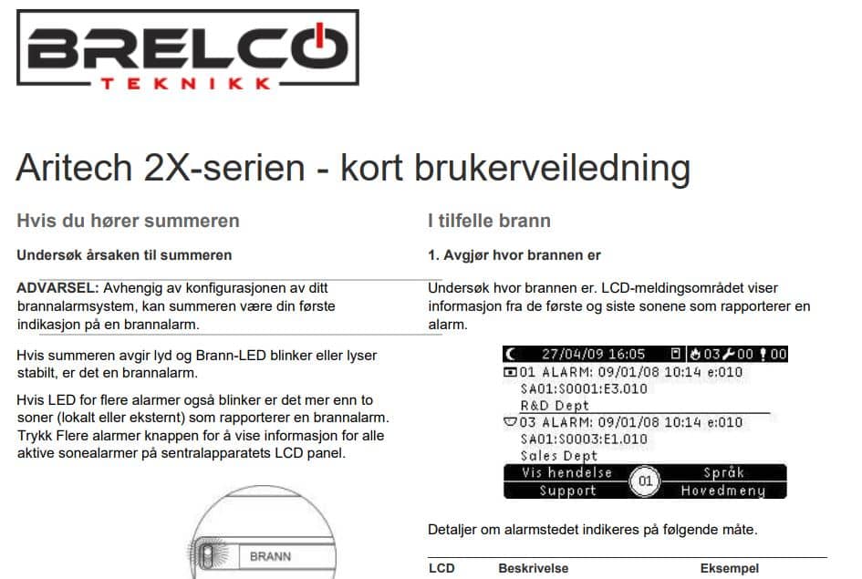 aritech 2x brannalarm manual brukerveiledning